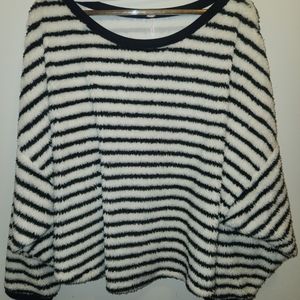 Free People Breton Stripe Pullover Fleece Sweater Women's L Oversized Fuzzy